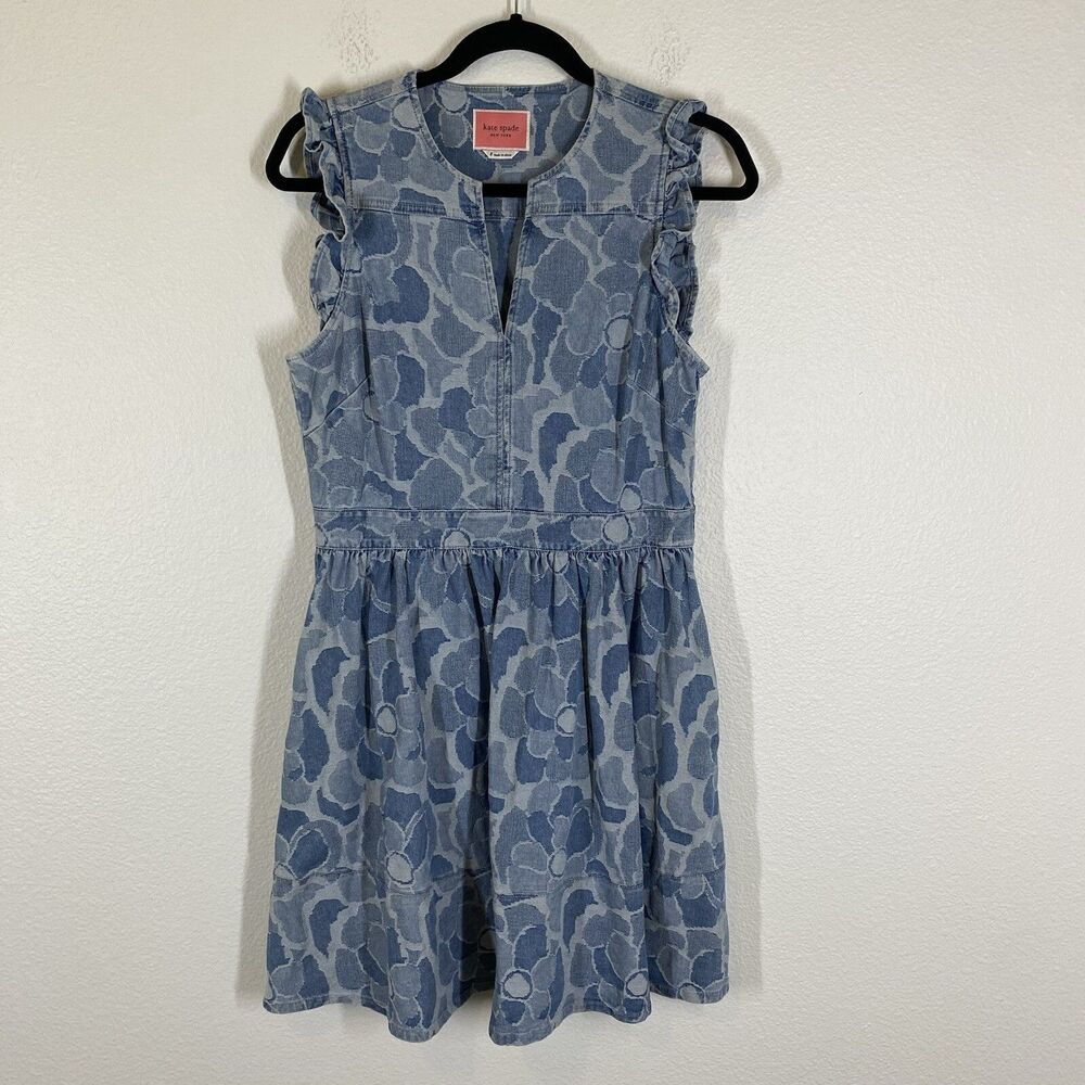 Kate Spade Abstract Peony Denim Floral Textured Sleeveless Dress Ruffles Size 8